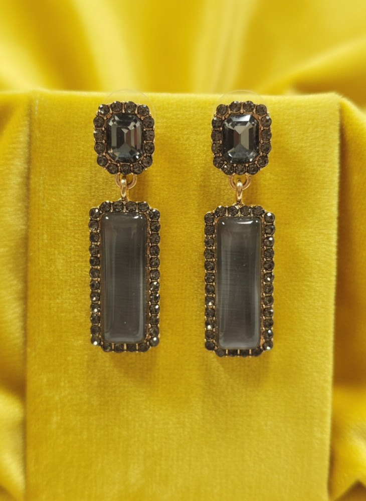 Image of Midnight Mist: Smoky Grey Rectangular Drop Earrings with Crystal Pavé
