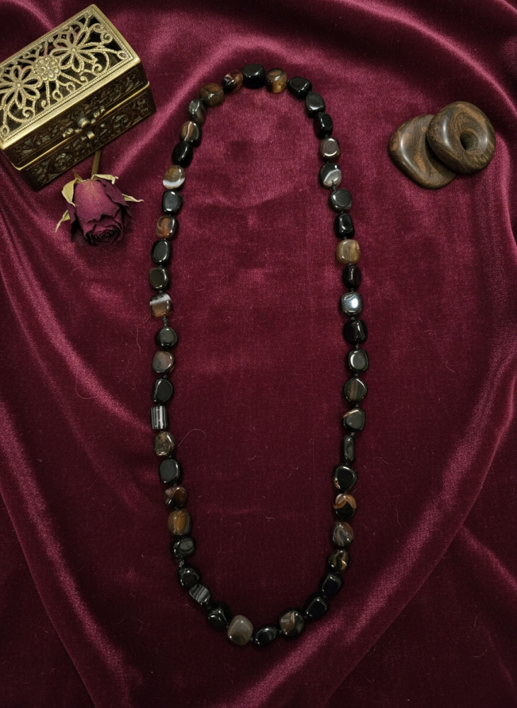 Image of Natural Black Agate &amp; Bronzite Beaded Statement Necklace – Handcrafted Earthy stone Mala