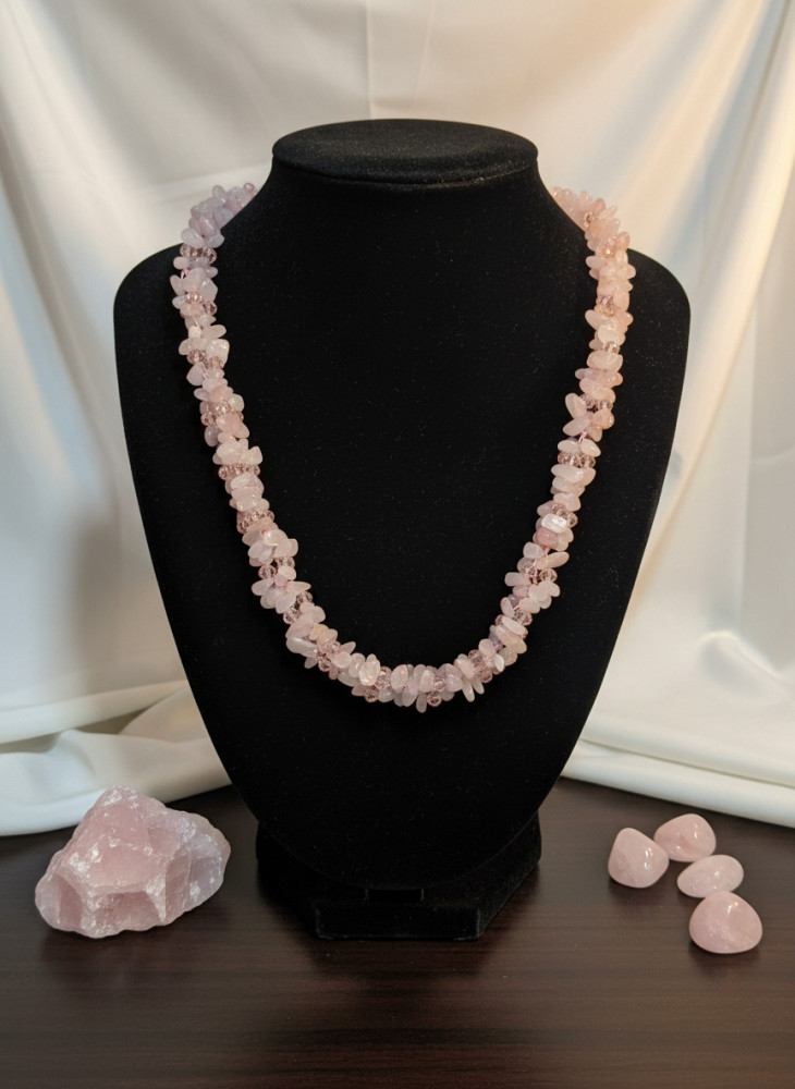 Image of Natural Rose Quartz Chip Statement Necklace – Handcrafted Pale Pink stone Mala