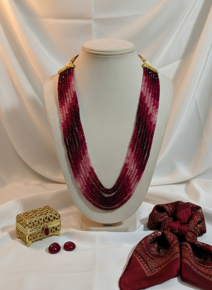 Image of Natural Ruby Multi-Strand Statement Necklace – 7-Layered Faceted Stone Rani Haar with Adjustable Dori