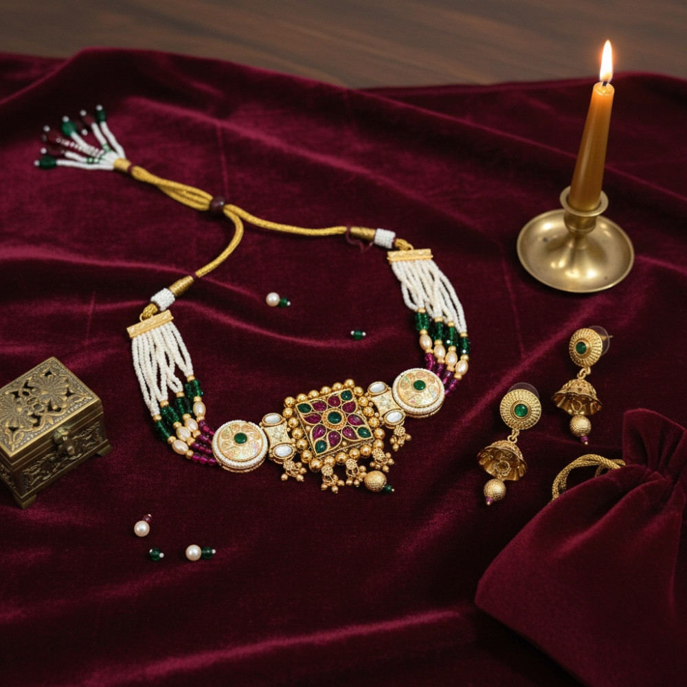 Image of Navrang Blossom: Multi-Colored Beaded Kundan Choker Set