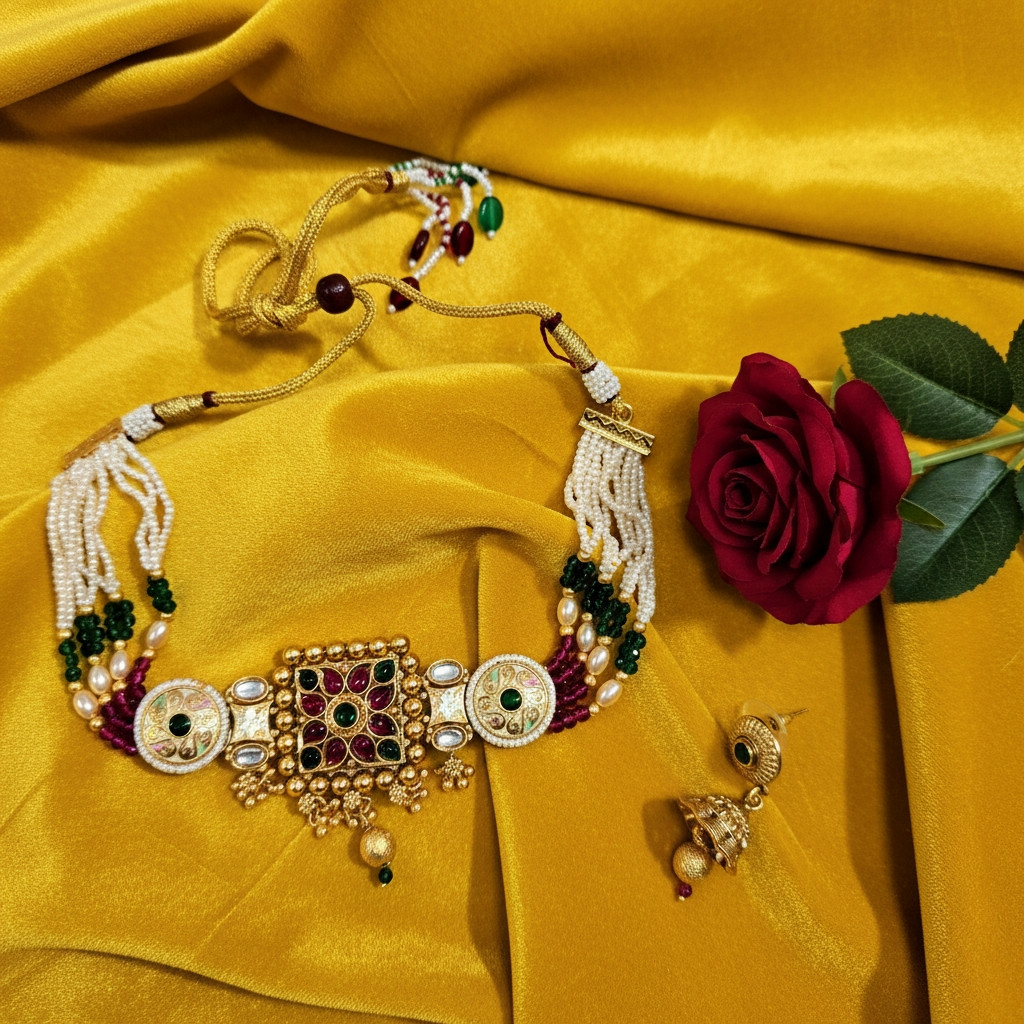Navrang Blossom: Multi-Colored Beaded Kundan Choker Set