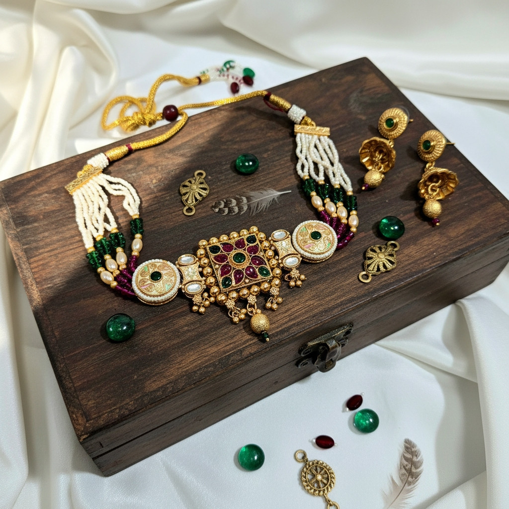 Navrang Blossom: Multi-Colored Beaded Kundan Choker Set