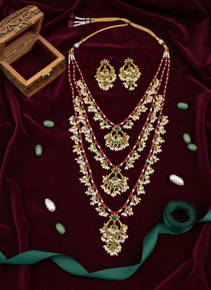 Image of Traditional 3-Layer Guttapusalu Necklace Set with Pearl Clusters