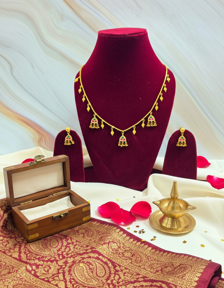 Image of Imperial Dokiya: Gold-Plated Traditional Necklace with Jhumka &amp; Leaf Charms