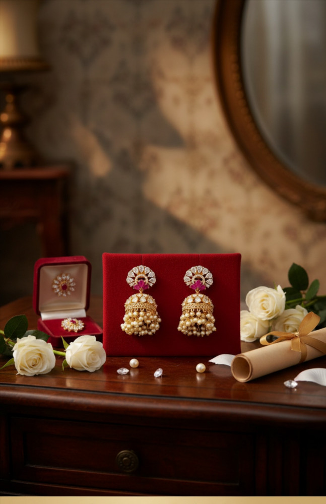 Image of Traditional Antique Gold Plated Fan Stud Jhumka Earrings with Ruby Accents and Pearl Cluster Drops