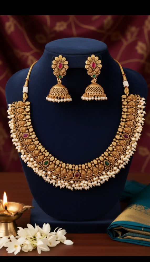Image of Traditional Antique Gold Plated Temple Choker Necklace Set with Pearl Clusters and Matching Jhumka Earrings