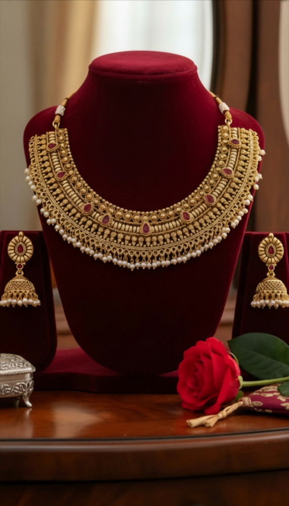 Image of Traditional 22K Gold-Plated Antique Choker Necklace Set with Jhumka Earrings – Elegant Bridal &amp; Festive Wear for Women.