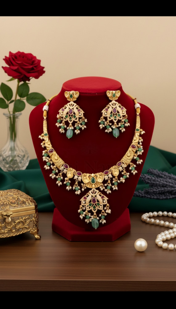 Image of Traditional Antique Gold Plated Temple Necklace Set with Mint Green Drops and Matching Jhumka Earrings