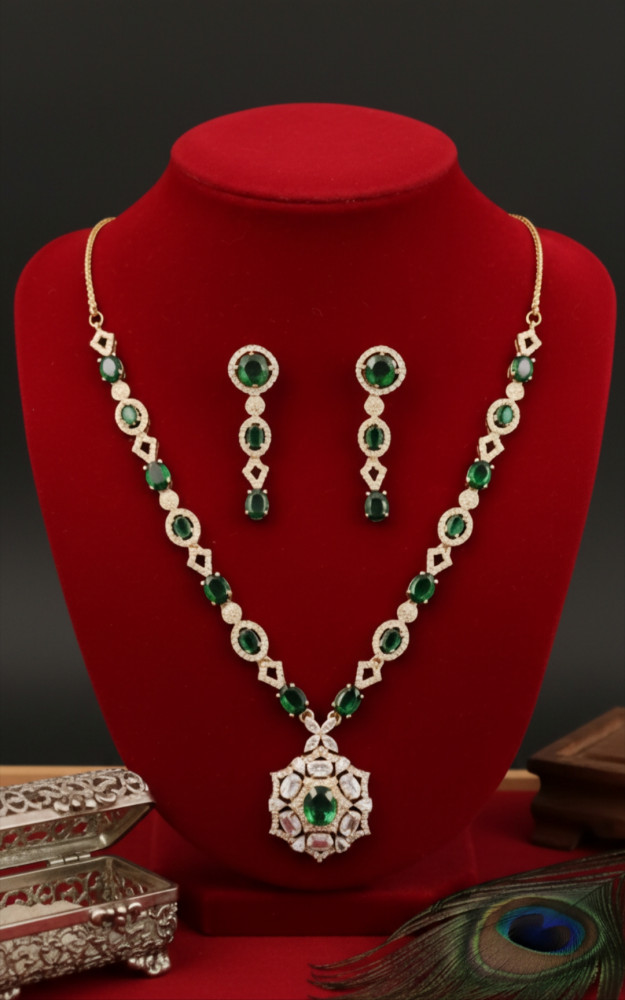 Image of Gold Plated Geometric Link Necklace Set with Emerald Green Stones, White AD Accents, and Floral Medallion Pendant