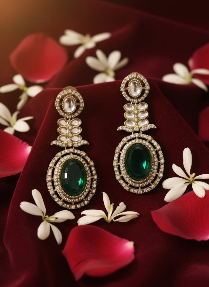 Image of Gold Plated Long Emerald Green Oval Drop Earrings with Shimmering White Stone Halo and Kundan Accents