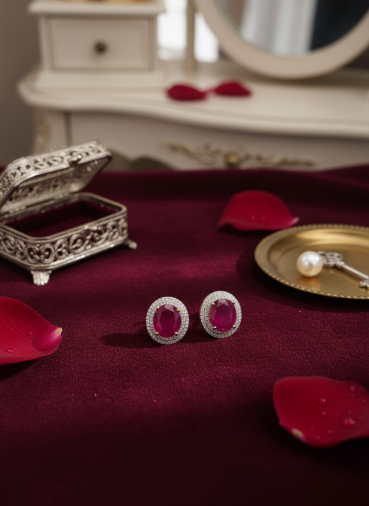 Image of Classic Silver Plated Oval Ruby Red Stud Earrings with Shimmering White Stone Halo