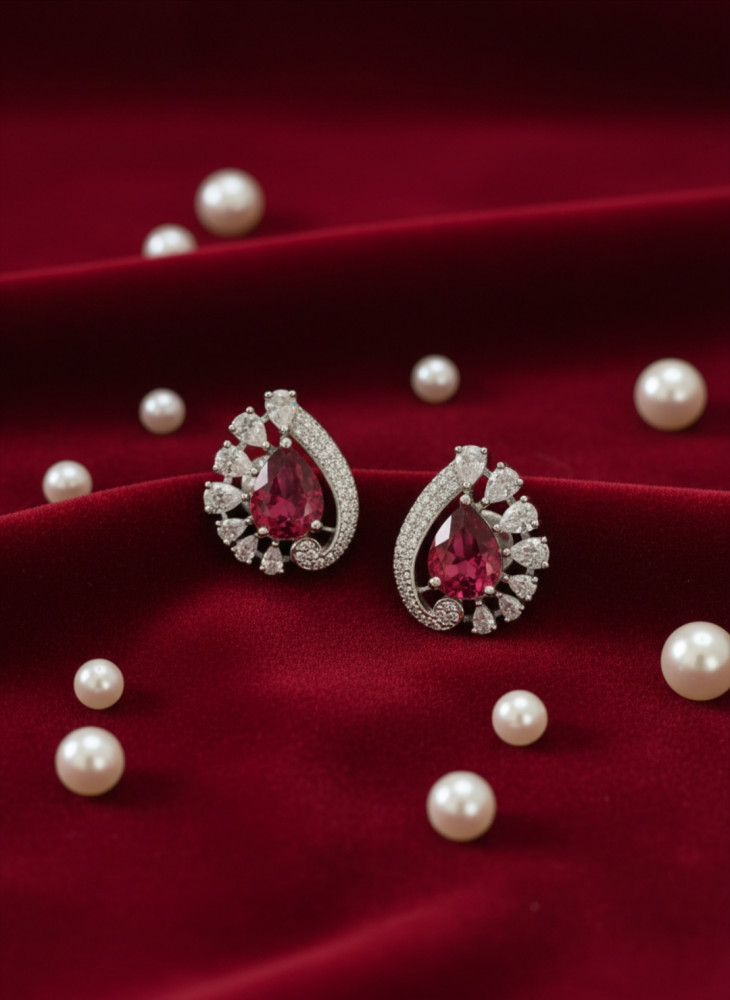 Image of Silver Plated Teardrop Ruby Red Stud Earrings with Asymmetrical White Stone Halo