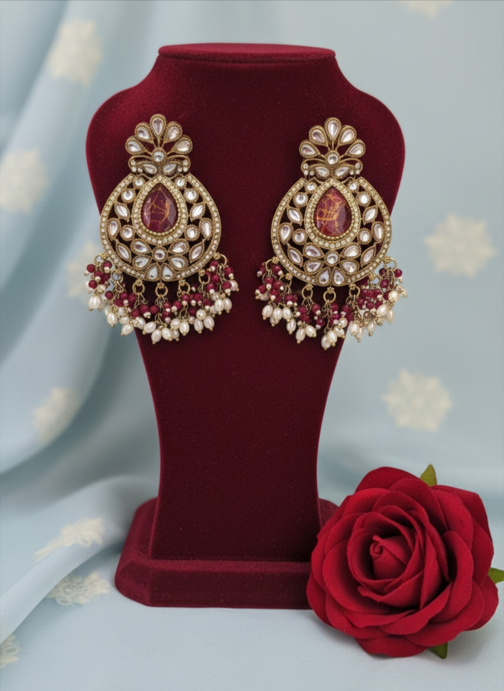 Image of Antique Gold Plated Kundan Chandbali Earrings with Ruby Red Teardrop Center and Pearl Cluster Drops