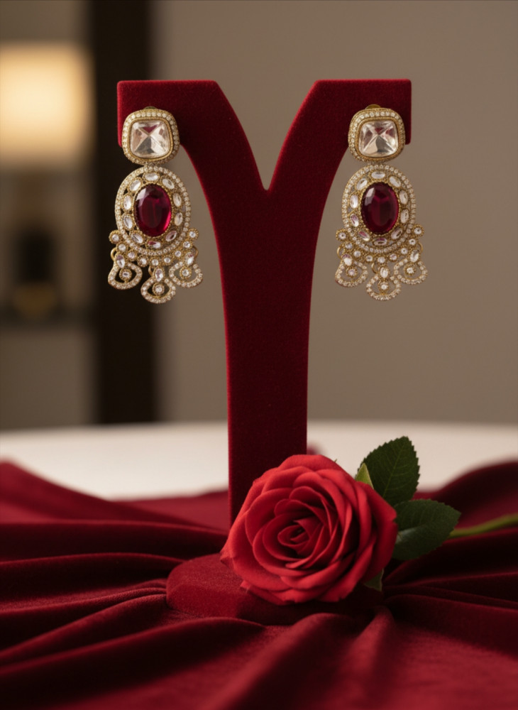 Image of Antique Gold Plated Oval Drop Earrings with Ruby Red Stones and White AD Accents