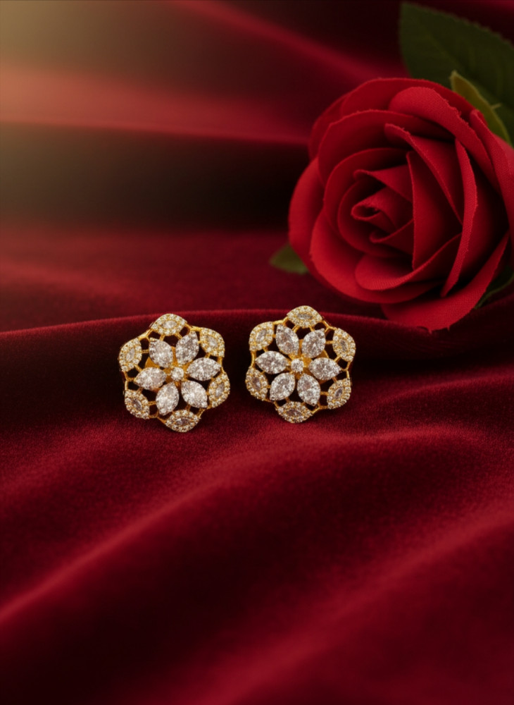 Image of Traditional Gold Plated Hexagonal Floral Stud Earrings with White Kundan Stones and Gold Center