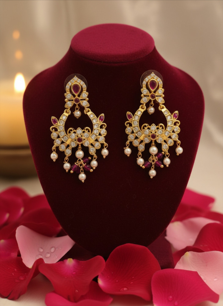 Image of Traditional Antique Gold Plated Kemp Stone Chandbali Earrings with Ruby Red Accents and Pearl Droplets