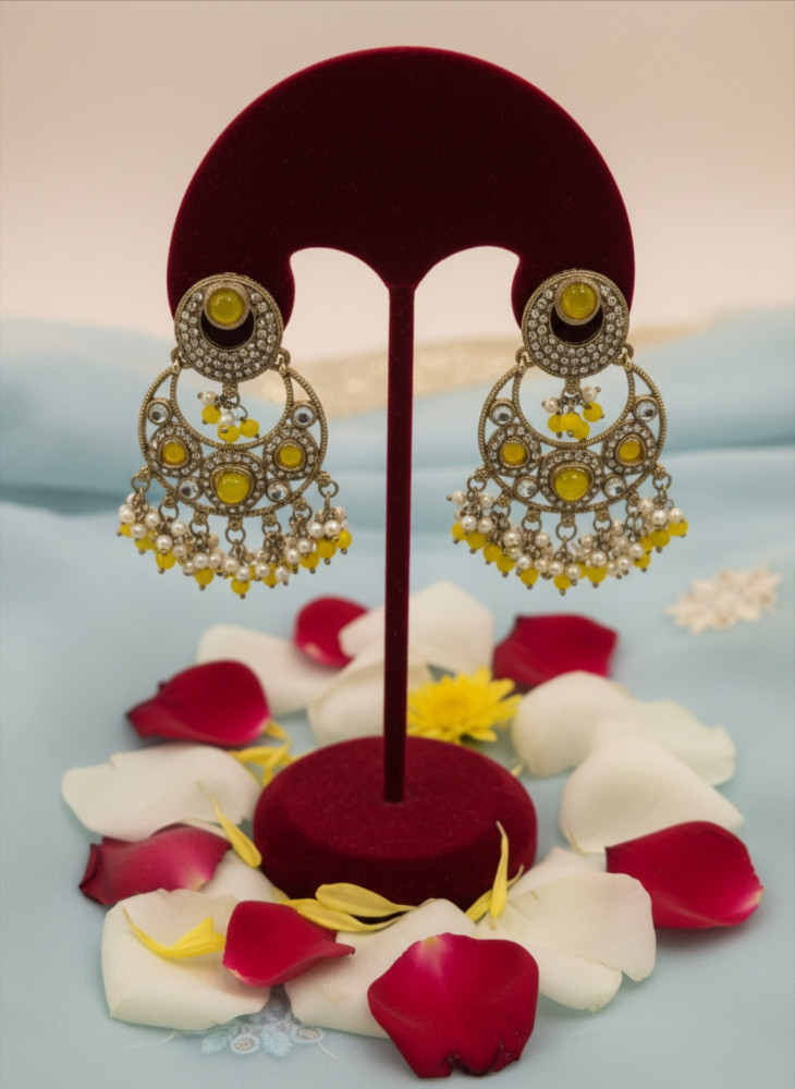 Image of Antique Gold Plated Floral Chandbali Earrings with Yellow Stones and Matching Bead Drops