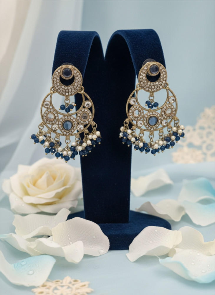 Image of Antique Gold Plated Floral Chandbali Earrings with Emerald Green Kemp Stones and Pearl Bead Fringe