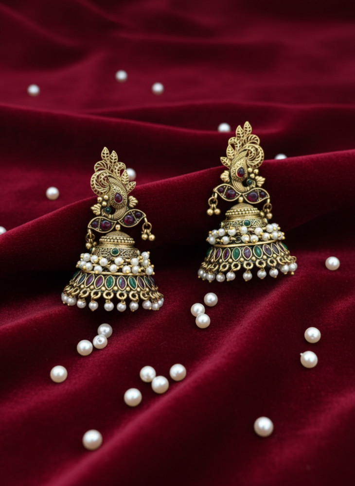 Image of Antique Gold Plated Traditional Kemp Stone Jhumka Earrings with Pearl Drops and Peacock Motifs