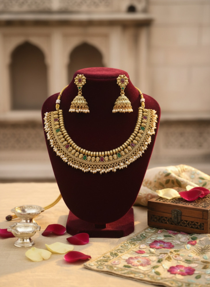 Image of Antique Gold Plated Temple Choker Necklace Set with Ruby Emerald Kemp Stones and Pearl Jhumka Earrings