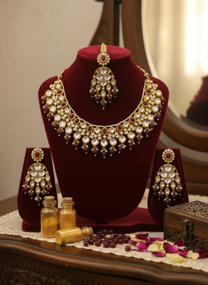 Image of Traditional Gold Plated Kundan Choker Necklace Set with Jhumka Earrings and Maroon Bead Clusters