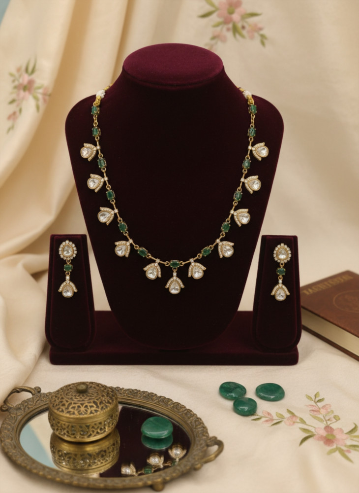 Image of Antique Gold Plated Floral Guttapusalu Necklace Set with Pearl Clusters and Ruby Green Stones