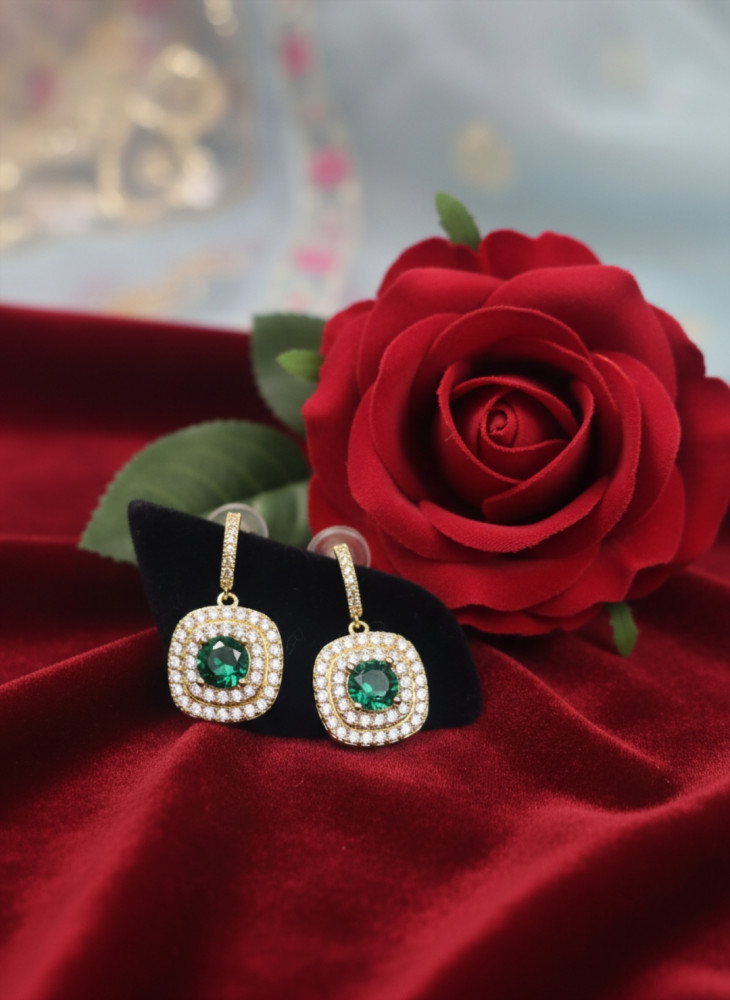 Image of Verdant Majesty: Emerald Green Double Halo Drop Hoop Earrings