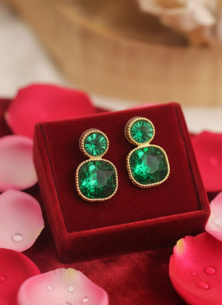Image of Royal Emerald: Cushion-Cut Crystal Double Drop Earrings