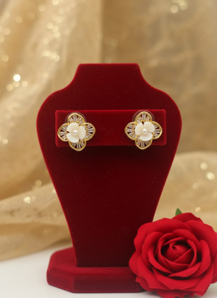 Image of Gilded Bloom: Lustrous Pearl &amp; Gold Petal Stud Earrings