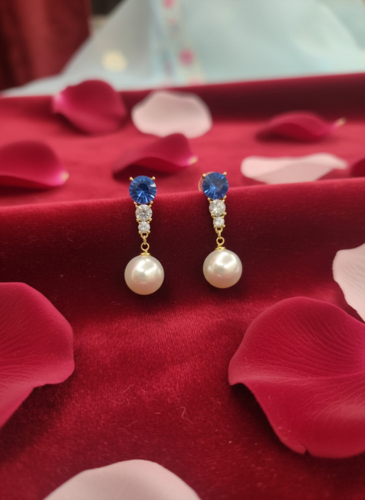 Image of Azure Elegance: Sapphire Blue Crystal &amp; Pearl Drop Earrings