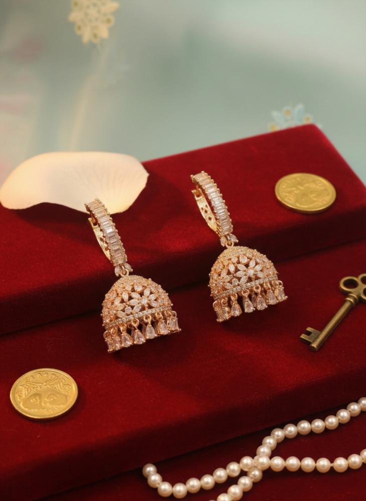 Image of Rose Gold American Diamond Jhumka Earrings
