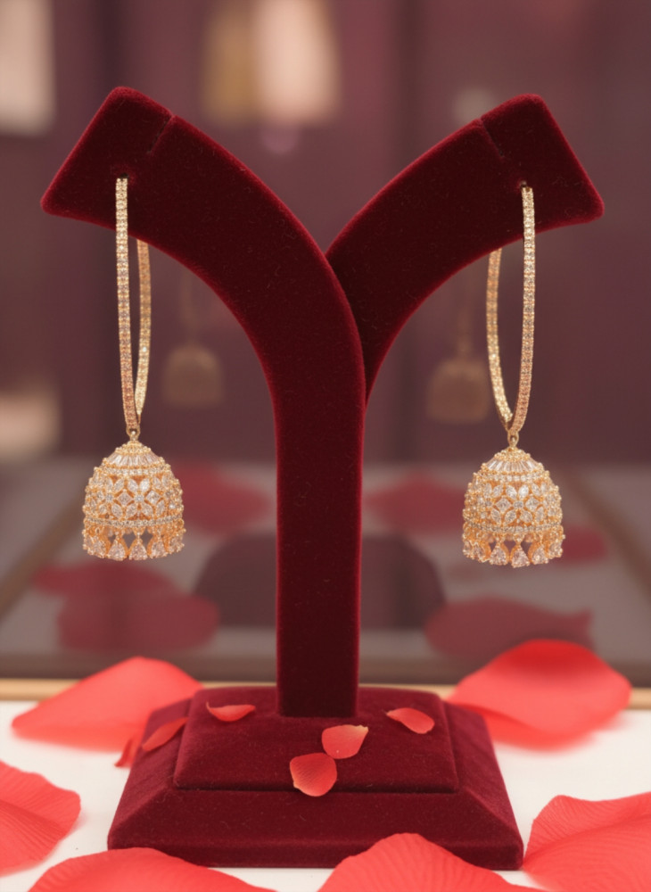 Image of Imperial Radiance: Rose Gold-Plated American Diamond Hoop Jhumka Earrings