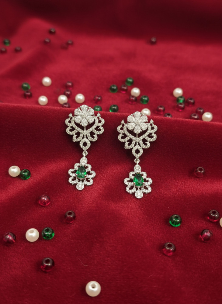 Image of Zeneme Rhodium-Plated Emerald Green AD Studded Paisley Dangler Earrings