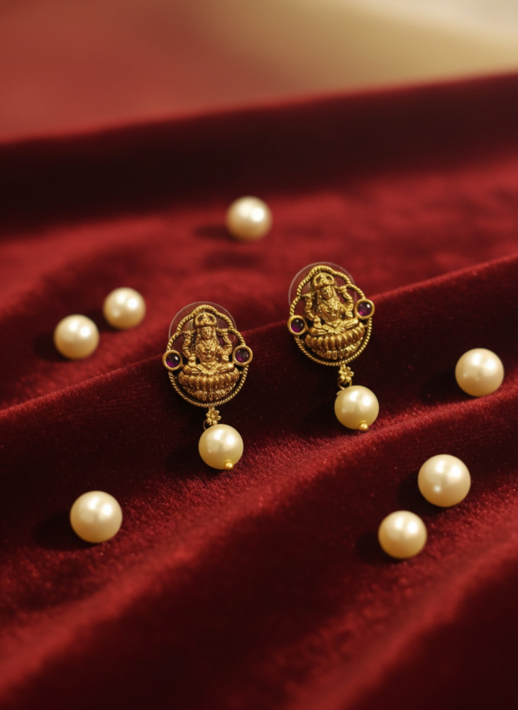 Image of Imperial Lakshmi: Antique Temple Gold Studs with South Sea Pearl Drops