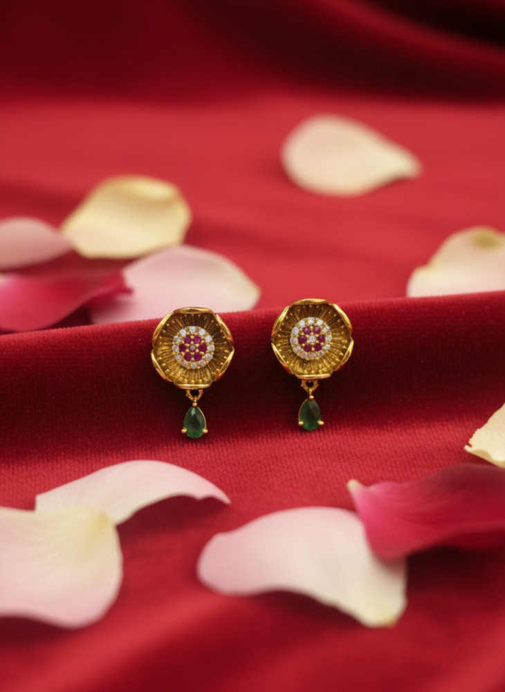 Image of Radiant Blossom: Antique Gold-Plated Floral Studs with Ruby &amp; Emerald Stones