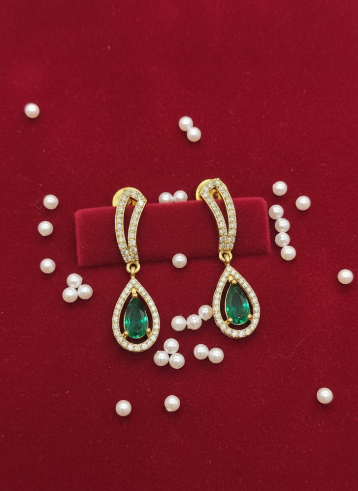 Image of Gold-Plated American Diamond Drop Earrings with Emerald-Tone Teardrop