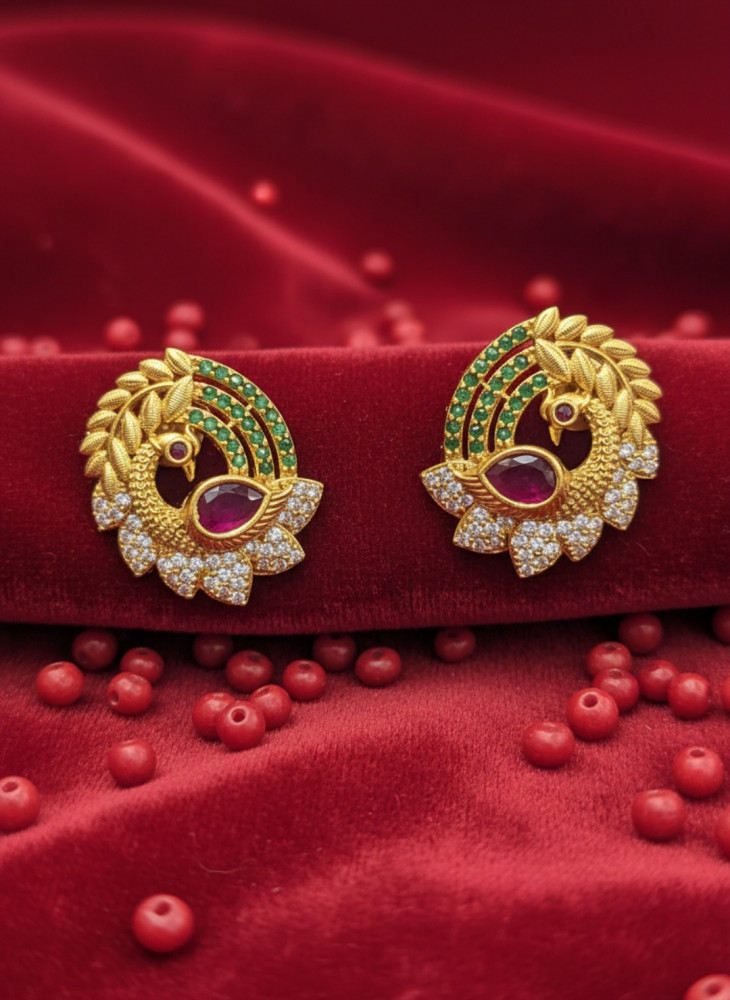Image of Traditional Gold-Plated Peacock Stud Earrings with Multi-Color Stones