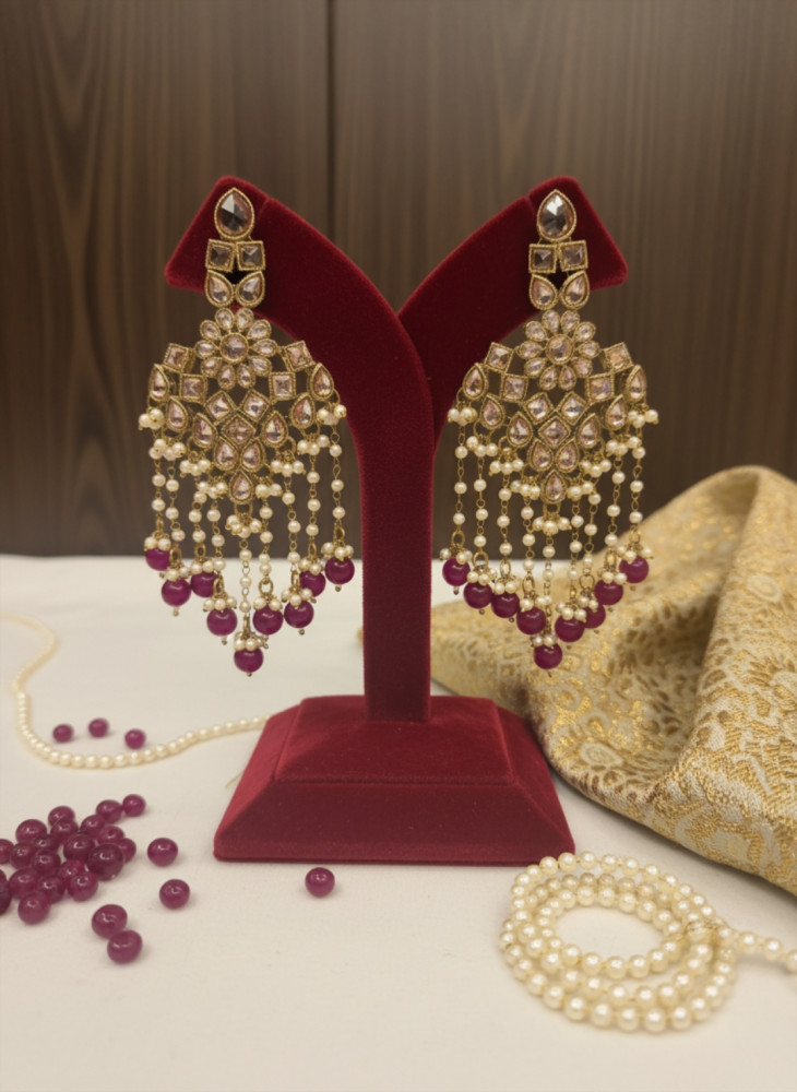 Image of Traditional Gold-Plated Kundan Sahare Earrings with Ruby-Red Beads