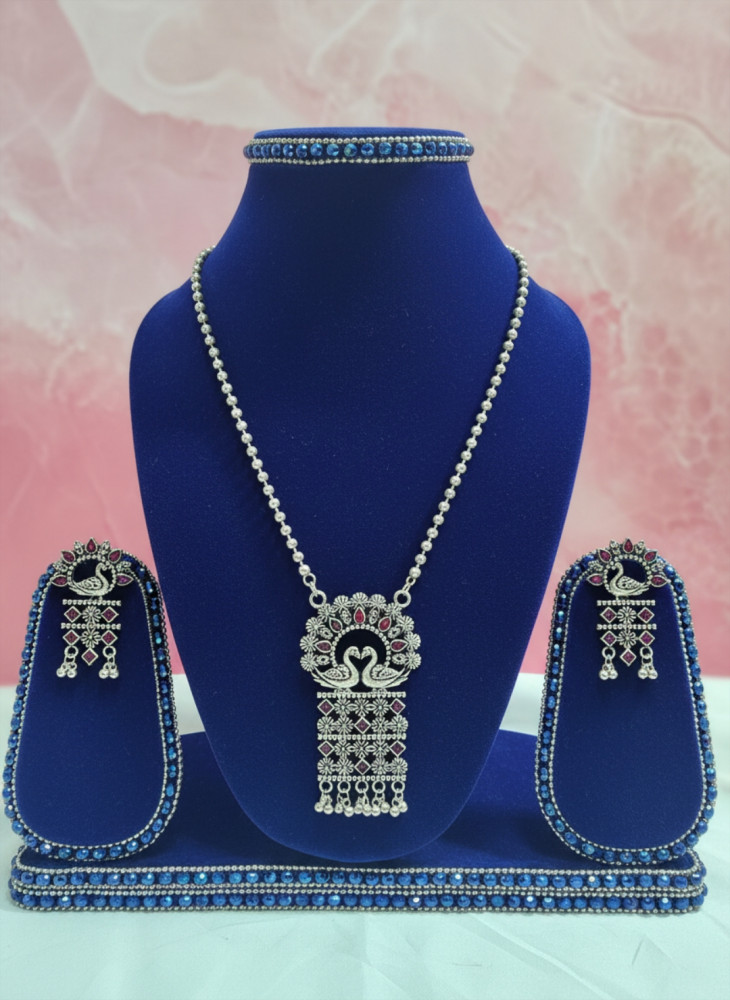 Image of Traditional Handcrafted Peacock Oxidized Silver Necklace Set with Earrings
