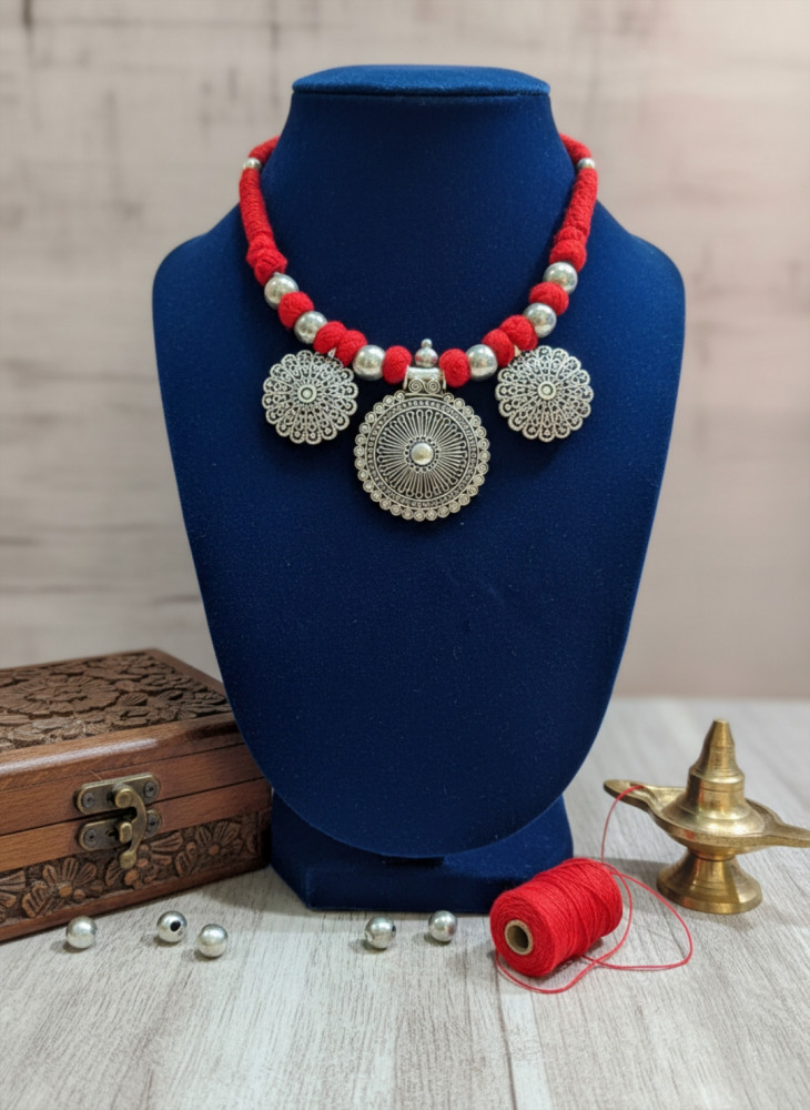 Image of Handcrafted Afghani-Style Filigree Necklace – Red &amp; Silver Tribal Jewelry