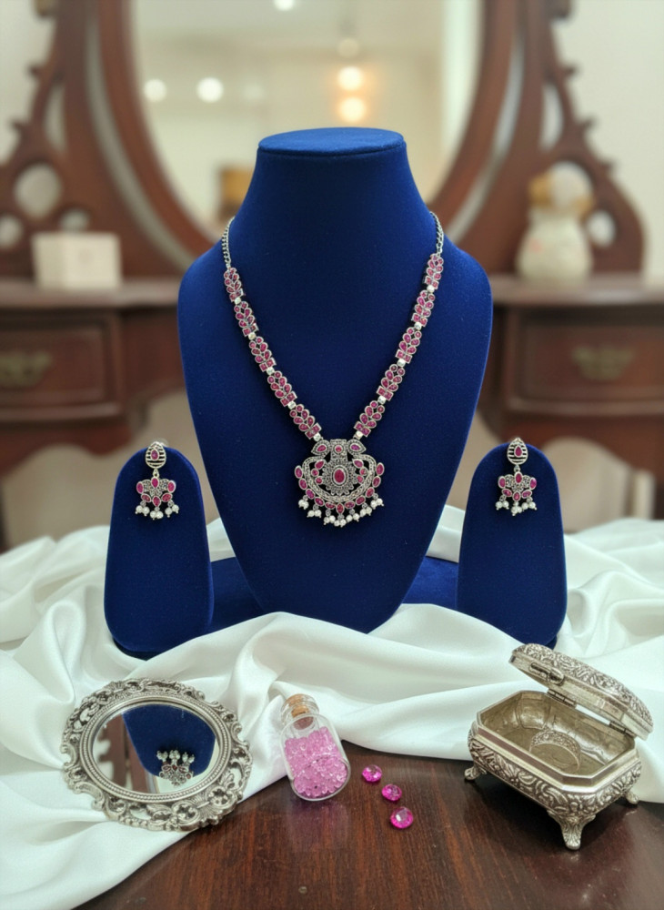 Image of Traditional Oxidized Silver-Plated Floral Necklace Set with Matching Earrings