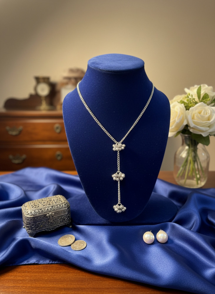 Image of Silver-Plated Floral Y-Necklace with Shimmering Crystal Accents