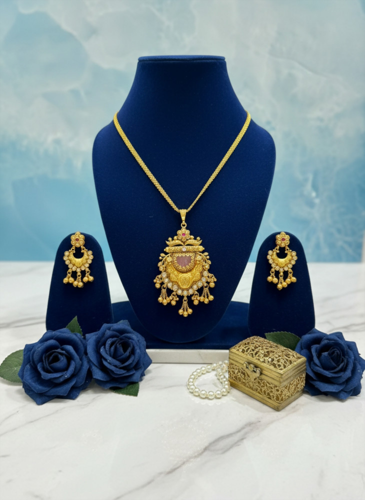 Image of Imperial Dokiya: Antique Gold-Plated Floral Necklace Set with Jhumka Dangles