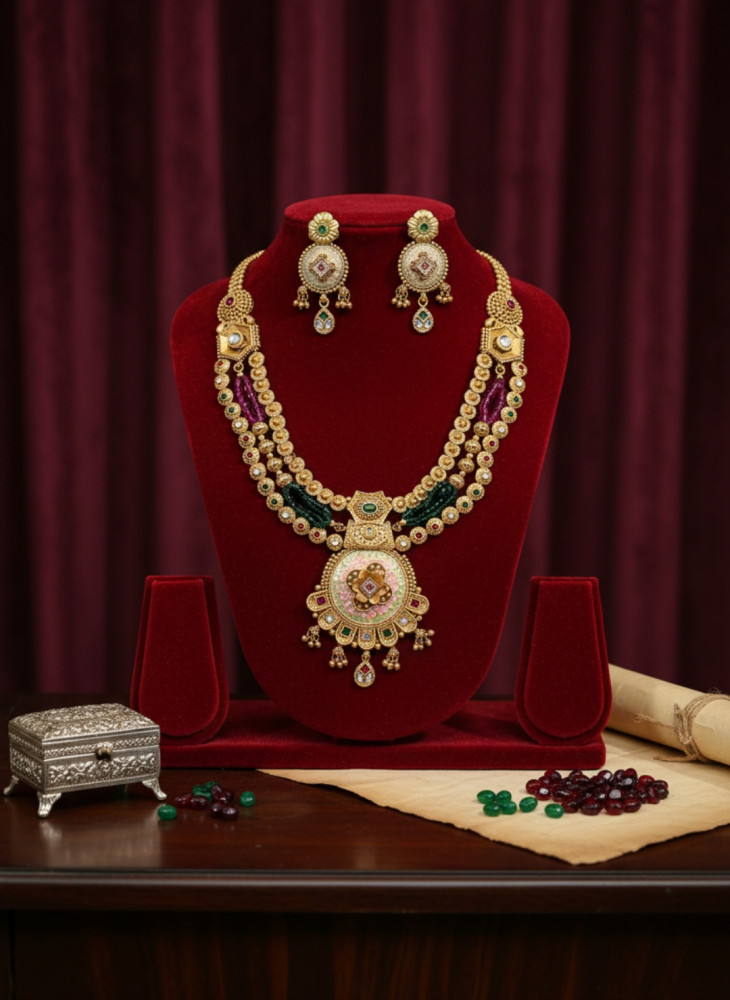 Image of Imperial Blossom: Traditional Multi-Strand Purple &amp; Green Beaded Temple Necklace Set