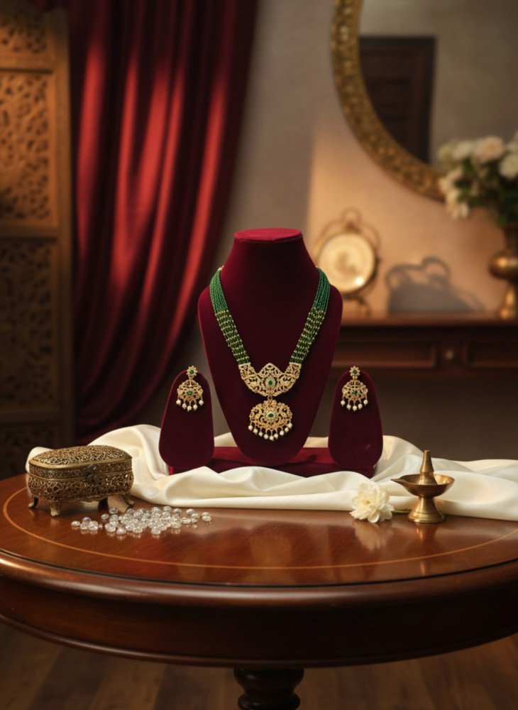 Image of Imperial Lakshmi: Antique Gold-Plated Long Haram with Green Bead Strands