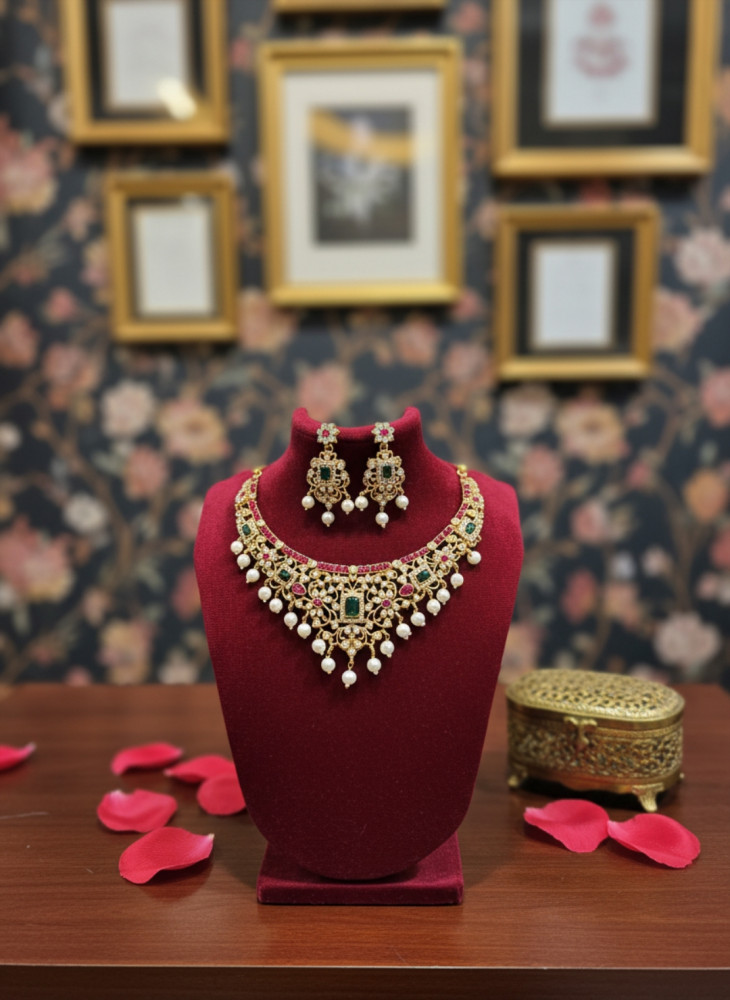 Image of Imperial Bridal: Antique Gold-Plated Jadau Kundan Necklace Set