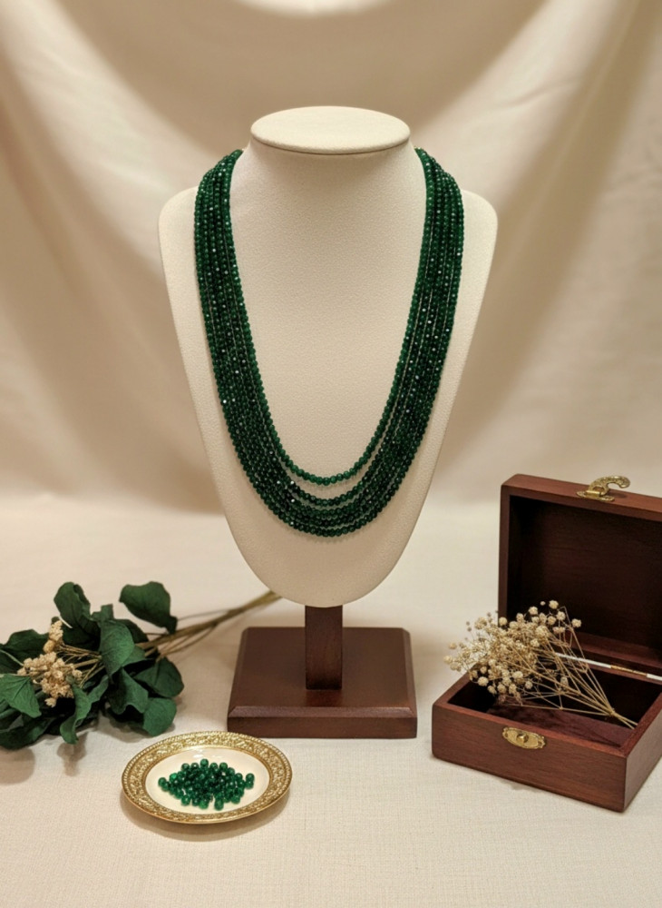 Image of Royal Emerald Green 5-Layer Beaded Necklace – Elegant Multi-Strand Rani Haar with Adjustable Dori