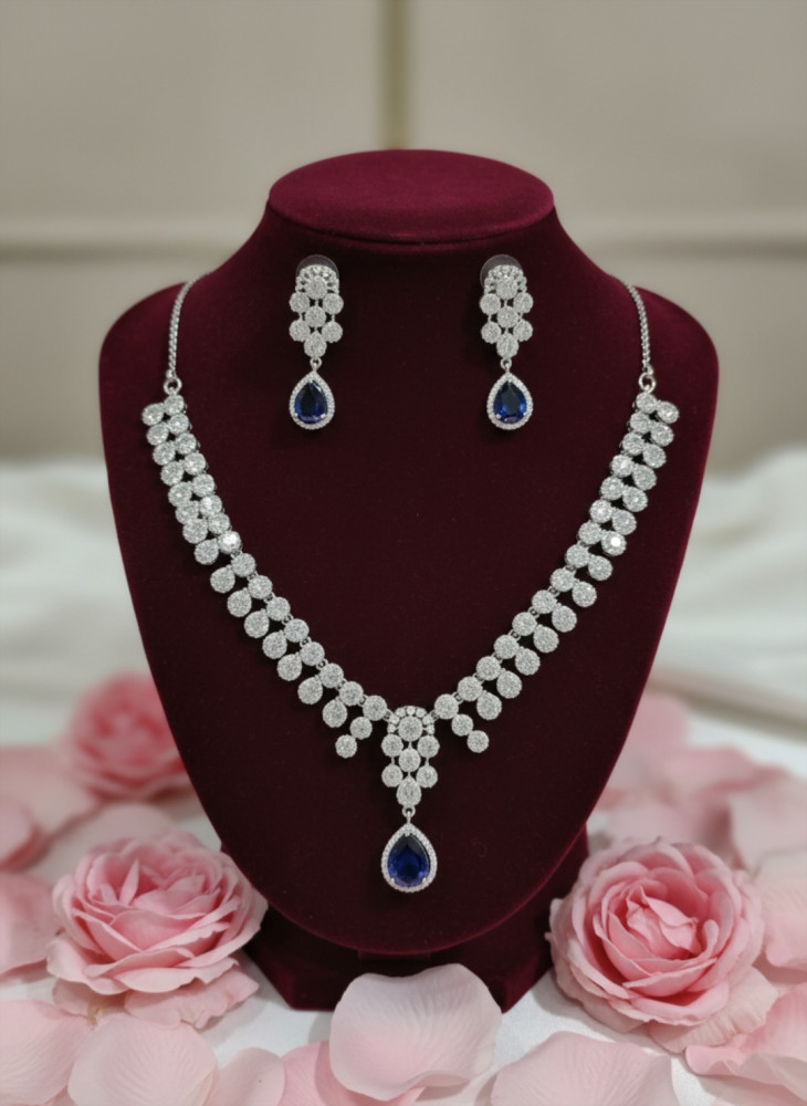 Image of Silver-Plated American Diamond Necklace Set with Blue Teardrop Pendant