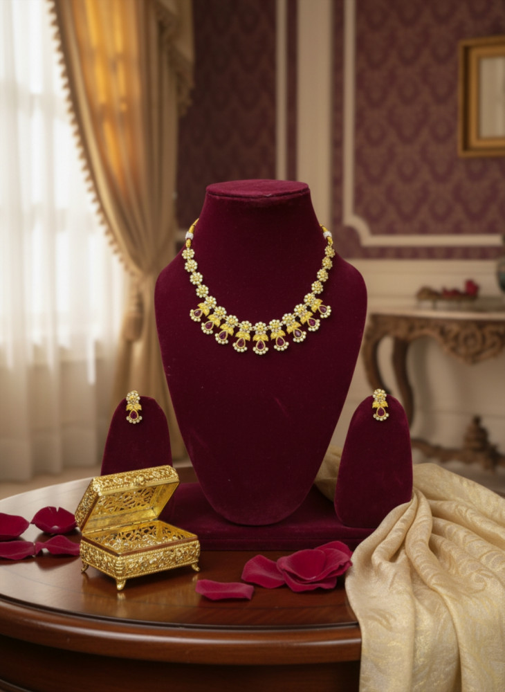 Image of Traditional Gold-Plated Guttapusalu Necklace Set with Ruby-Tone Stones